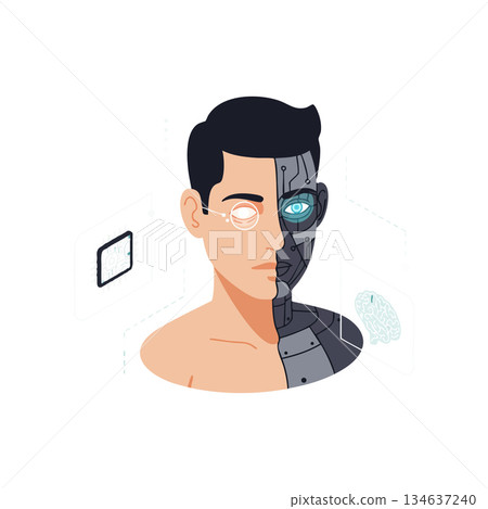 Half Human Half Robot Cyborg Face Artificial Intelligence Digital Technology Concept Illustration 134637240