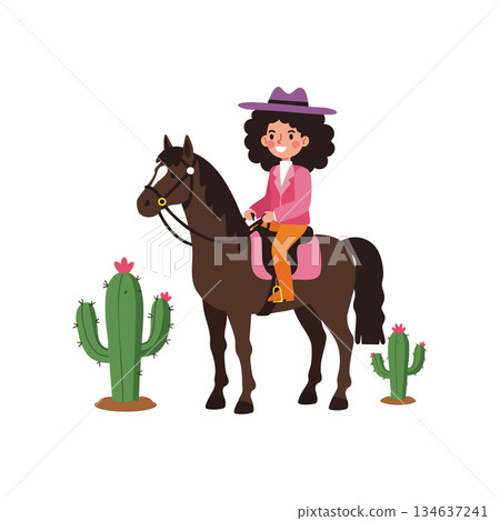 Girl riding brown horse with purple hat and pink jacket near blooming cactus vector illustration Girl riding brown horse with purple hat and pink jacket near blooming cactus vector illustration 134637241