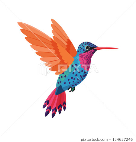 Colorful hummingbird with vibrant orange wings and blue spotted body flying in bright style vector illustration Colorful hummingbird with vibrant orange wings and blue spotted body flying in bright style vector illustration 134637246