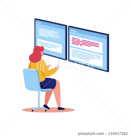Woman working on dual computer screens coding software development technology vector illustration 134637262