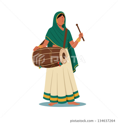 Indian woman playing traditional dhol drum wearing ethnic saree and green headscarf vector illustration Indian woman playing traditional dhol drum wearing ethnic saree and green headscarf vector illustration 134637264