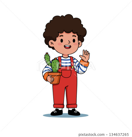 Boy holding cactus plant waving hand in red overalls and striped shirt cartoon vector illustration Boy holding cactus plant waving hand in red overalls and striped shirt cartoon vector illustration 134637265
