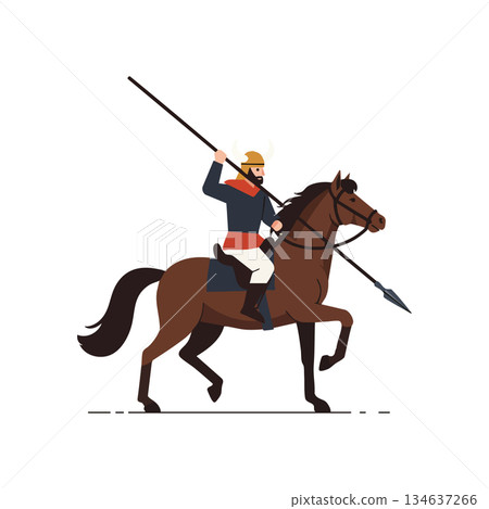 Medieval knight riding horse with spear vector illustration of warrior in armor and helmet in battle pose Medieval knight riding horse with spear vector illustration of warrior in armor and helmet in battle pose 134637266