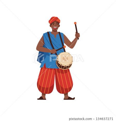 African man playing traditional drum in colorful clothing holding drumstick vector illustration 134637271