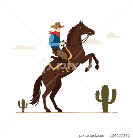 Cowboy riding rearing brown horse in western desert with cacti and clouds vector illustration Cowboy riding rearing brown horse in western desert with cacti and clouds vector illustration 134637272