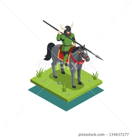 Viking warrior riding horse with spear in green armor and horned helmet battle ready vector illustration 134637277