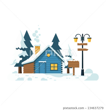 Winter cabin scene with blue wooden house snow covered pine trees and street lamp vector illustration 134637279