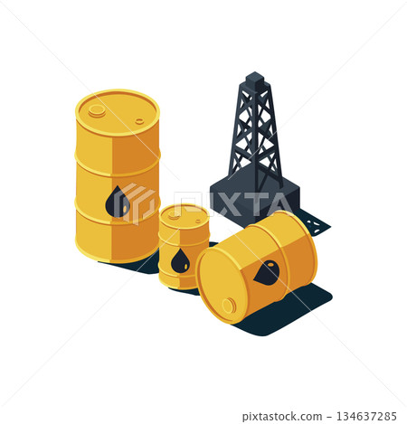 Oil barrels and oil rig vector illustration with yellow barrels and black rig in isometric style for energy industry design 134637285