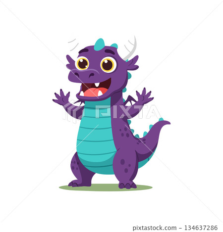 Cute purple cartoon baby dragon with turquoise belly and playful expression vector illustration 134637286