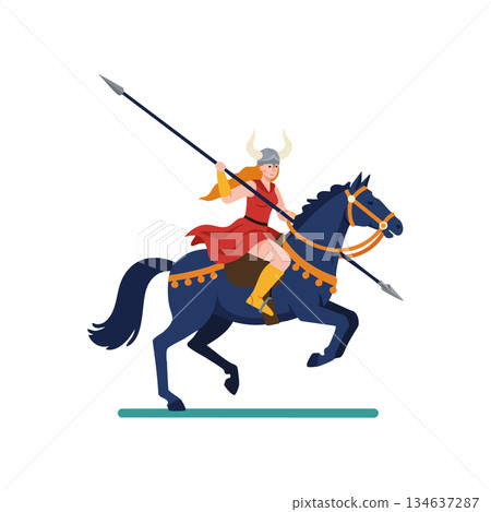 Viking warrior with spear riding horse in battle posture vector illustration perfect for historical and fantasy themes 134637287