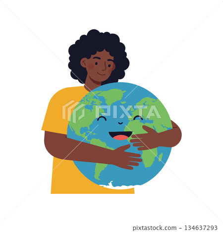 Person hugging happy earth globe environmental care concept with smiling planet illustration vector design 134637293