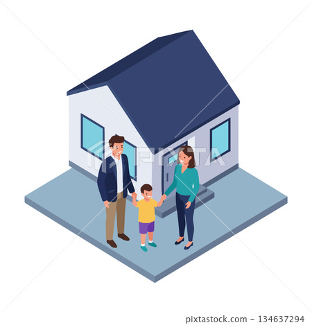 Family holding hands outside modern house with blue roof and windows vector illustration Family holding hands outside modern house with blue roof and windows vector illustration 134637294