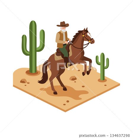 Cowboy riding a brown horse in desert landscape with green cacti and sand vector illustration Cowboy riding a brown horse in desert landscape with green cacti and sand vector illustration 134637298
