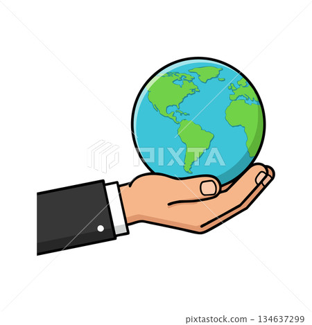 Hand holding globe earth representing global responsibility and environmental care vector illustration 134637299