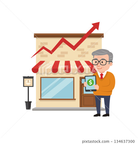 Small business owner holding tablet with financial growth graph rising above shop building vector illustration 134637300