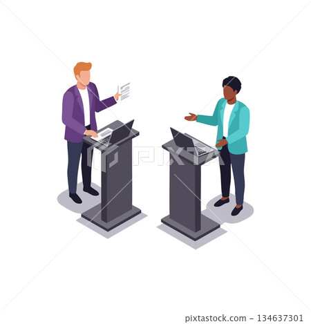 Two people debating at podiums with laptops presenting arguments in professional conference setting vector illustration Two people debating at podiums with laptops presenting arguments in professional conference setting vector illustration 134637301