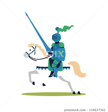 Armored knight in green and blue riding white horse with lance vector illustration Armored knight in green and blue riding white horse with lance vector illustration 134637302
