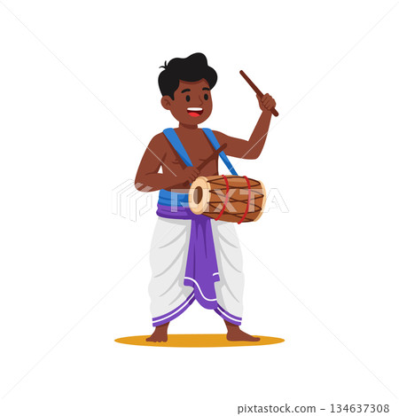 Young boy playing traditional drum wearing dhoti and sash cultural music illustration vector Young boy playing traditional drum wearing dhoti and sash cultural music illustration vector 134637308