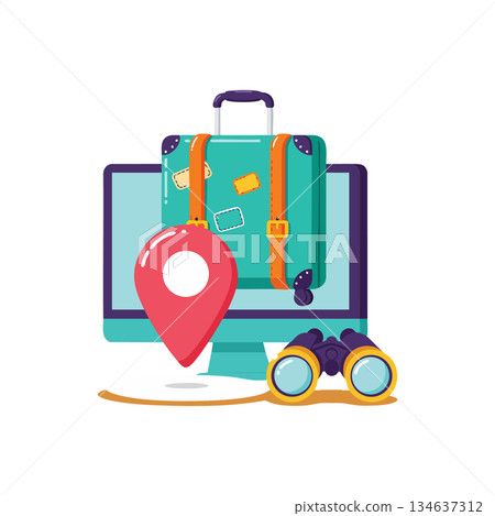 Travel suitcase with location pin and binoculars on computer screen for journey planning and tourism vector illustration 134637312