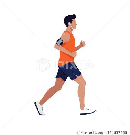 Man jogging outdoors in orange shirt and navy shorts with earphones and armband for fitness tracking during exercise Man jogging outdoors in orange shirt and navy shorts with earphones and armband for fitness tracking during exercise 134637366