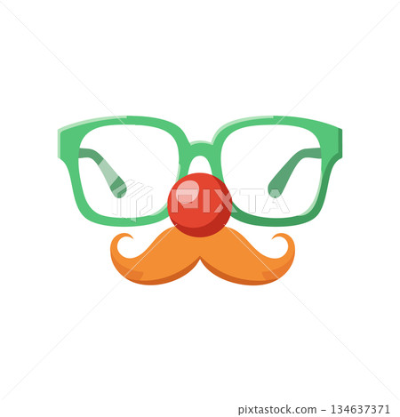 Funny face with green glasses orange mustache and red clown nose vector illustration for humor and entertainment design Funny face with green glasses orange mustache and red clown nose vector illustration for humor and entertainment design 134637371