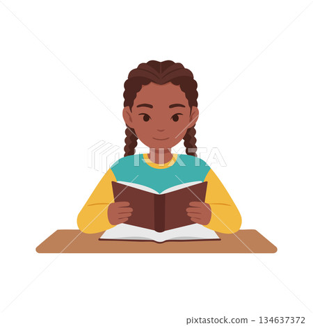 Girl reading book at desk focused on learning education and knowledge development vector illustration Girl reading book at desk focused on learning education and knowledge development vector illustration 134637372