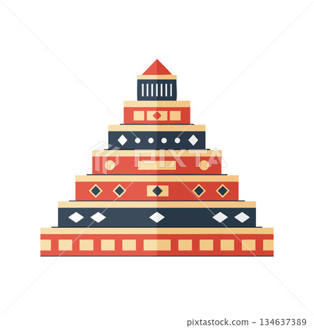 Pyramid shaped geometric building with layered red and dark blue design elements and diamond shapes vector illustration 134637389
