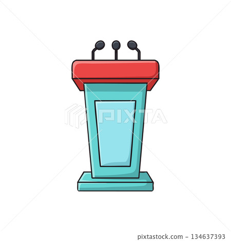 Conference podium with three microphones in simple flat vector style for presentations and speeches illustration 134637393