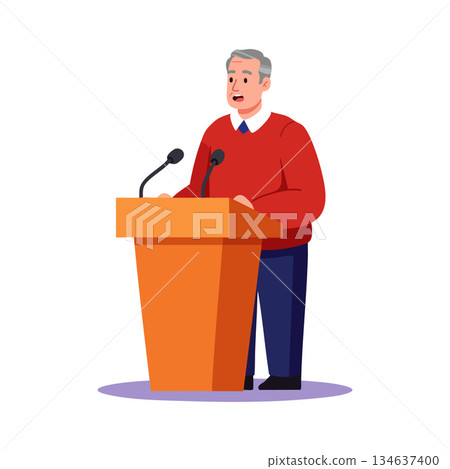 Older man speaking at podium delivering speech in red sweater and blue pants vector illustration 134637400