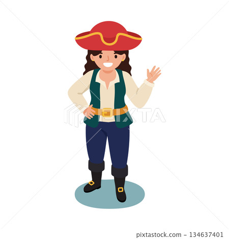 Pirate character waving hand smiling wearing red hat green vest blue pants and boots vector illustration Pirate character waving hand smiling wearing red hat green vest blue pants and boots vector illustration 134637401