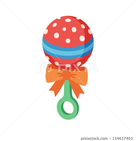 Baby rattle with red polka dots blue stripe orange bow green handle vector illustration for infant toy design 134637403