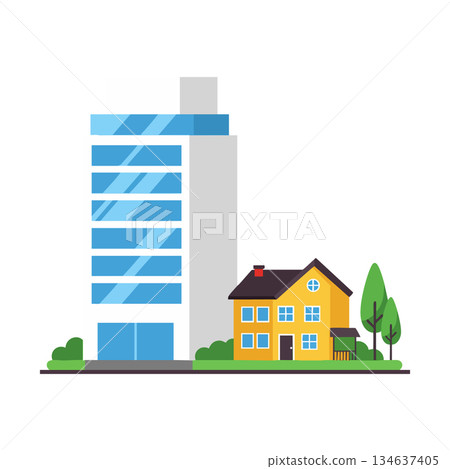 Modern office building and yellow residential house with green trees vector illustration urban architecture design Modern office building and yellow residential house with green trees vector illustration urban architecture design 134637405