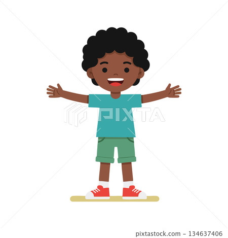 Happy smiling boy with open arms wearing casual turquoise shirt and green shorts standing cheerful vector illustration 134637406