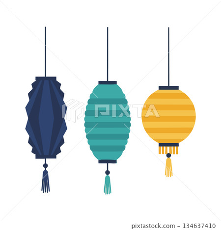Hanging decorative lanterns in blue teal and yellow colors vector design for festive or cultural celebrations Hanging decorative lanterns in blue teal and yellow colors vector design for festive or cultural celebrations 134637410