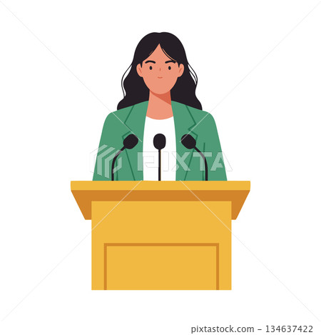 Woman speaking at podium with microphones professional presentation and confident expression vector illustration Woman speaking at podium with microphones professional presentation and confident expression vector illustration 134637422