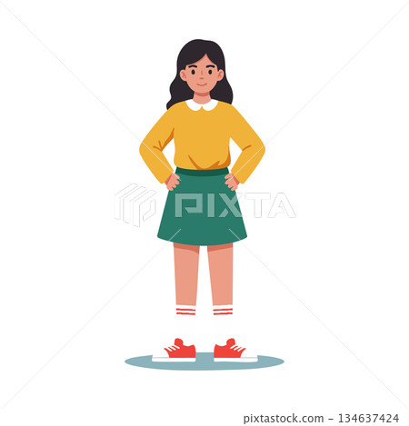Girl standing with hands on hips in yellow sweater and green skirt casual confident pose vector illustration 134637424