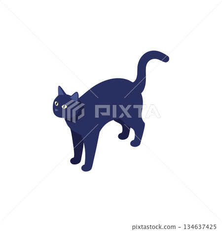 Black cat stretching vector design with raised tail and alert posture in simple flat style for pet illustrations 134637425