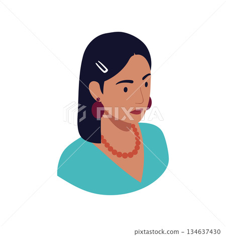 Woman with dark hair wearing turquoise top and red earrings and necklace vector portrait illustration 134637430