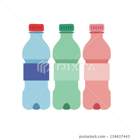 Plastic bottles in blue green and pink colors with matching caps and labels vector illustration 134637443