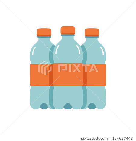 Plastic water bottles pack with orange caps and labels isolated on white background vector illustration Plastic water bottles pack with orange caps and labels isolated on white background vector illustration 134637448