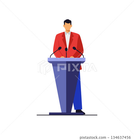 Man giving speech at podium wearing red jacket and blue pants vector illustration with modern flat design style 134637456