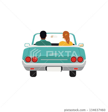 Couple driving convertible car back view in turquoise color with woman and man inside vector illustration Couple driving convertible car back view in turquoise color with woman and man inside vector illustration 134637460