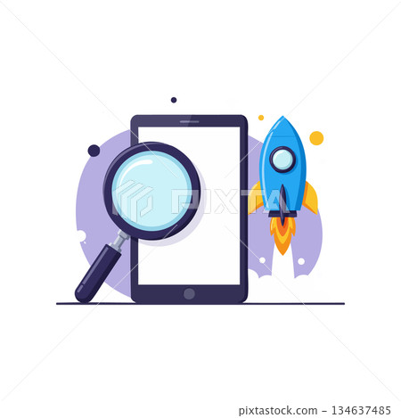 Smartphone with magnifying glass and blue rocket symbolizing technology innovation and exploration vector Smartphone with magnifying glass and blue rocket symbolizing technology innovation and exploration vector 134637485