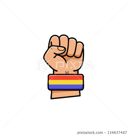 Raised fist with rainbow wristband symbolizing pride and unity in colorful vector style Raised fist with rainbow wristband symbolizing pride and unity in colorful vector style 134637487