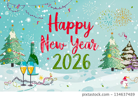 Champagne glasses and champagne bottle on a snow covered landscape with pine trees decorated with twinkling lights and text Happy New Year 2026 on the snow fall blue background. Champagne glasses and champagne bottle on a snow covered landscape with pine trees decorated with twinkling lights and text Happy New Year 2026 on the snow fall blue background. 134637489