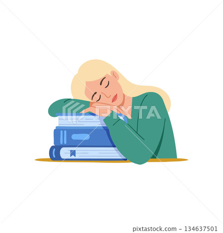 Woman resting head on stack of blue books in calm study environment vector illustration Woman resting head on stack of blue books in calm study environment vector illustration 134637501