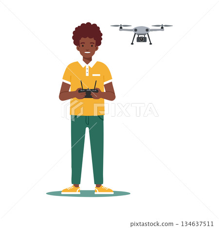 Young man controlling drone remote controller casual outfit vector illustration 134637511
