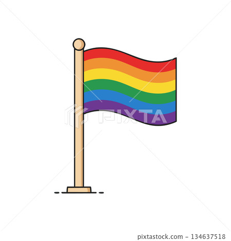 Rainbow flag on wooden pole waving vector illustration with vibrant colors 134637518