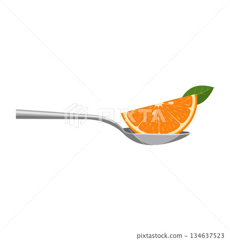 Orange slice with green leaf on silver spoon vector illustration fruit food healthy Orange slice with green leaf on silver spoon vector illustration fruit food healthy 134637523