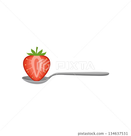 Strawberry half on silver spoon vector illustration with green leaves and red fruit 134637531